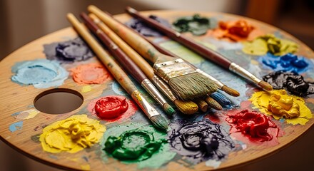 Obraz premium Artistic paints and brushes on a wooden palette