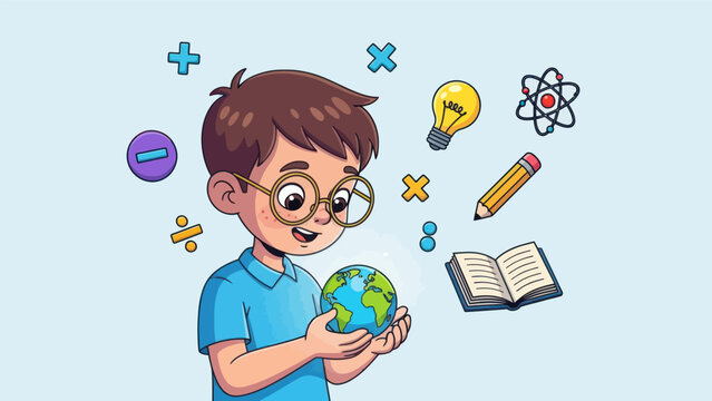 Young student holding a globe surrounded by education and science symbols