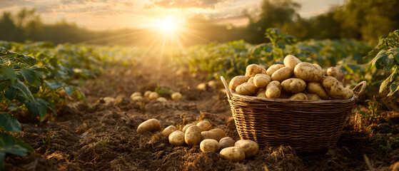 Basket full of freshly harvested potatoes in field nature minimal