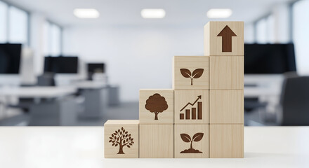 Wooden blocks with upward arrow and growth symbols, clean studio light, shallow depth of field, blurred office background, professional business concept