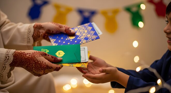 Close-up cinematic shot of adult hands giving Eidi money to smiling child on Eid-ul-Fitr, colorful envelopes, soft focus background, warm festive lighting, emotional and joyful storytelling.