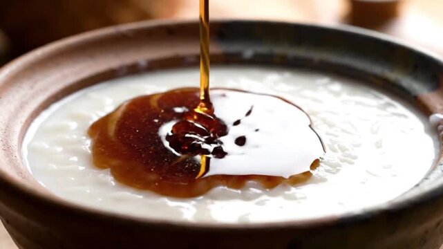 A stream of ambercolored syrup is poured onto creamy white rice pudding in a rustic brown bowl