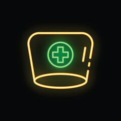Fototapeta premium Glowing neon sign representing a nurse hat with green cross on black background