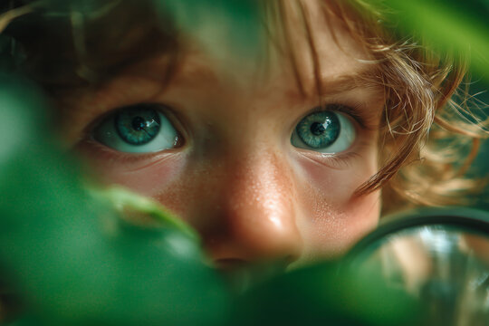 Wonder filled eyes discover a magical green world in the garden