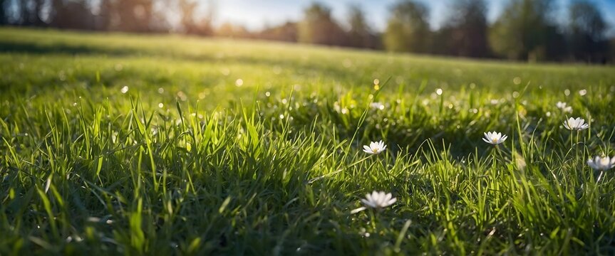 Pradera de hierba verde con peque&ntilde;as flores silvestres y roc&iacute;o iluminada por el sol al amanecer