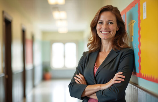 Smiling female school principal in blazer stands in hallway. Woman arms crossed at classroom bulletin board. Education leader in school building looks happy.