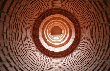 Fototapeta premium View looking up through concentric brick circles inside a round structure. Light shines from above creating a tunnel effect. Red brick texture repeats in a circular pattern.