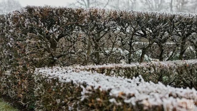 Winter restoration scene featuring bare hedges pruned to historic form main focus on geometric lines with surrounding garden lightly blurred and covered in frost.