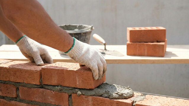 A construction worker lays bricks with mortar using gloved hands, representing building work, craftsmanship, and manual labor