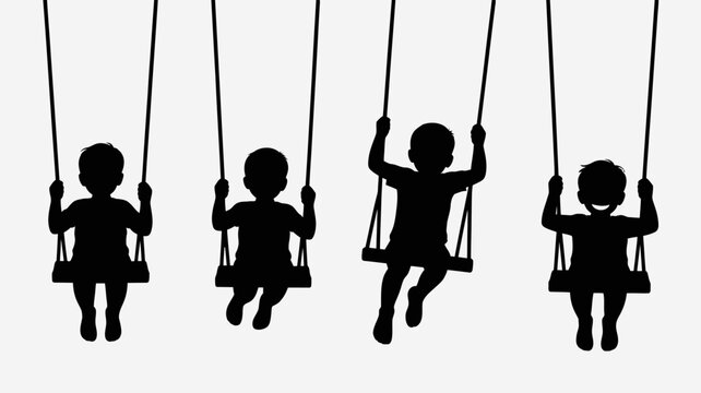 a simple black and white illustration depicts four silhouetted children joyfully swinging on individual swings creating a playful and idyllic scene high quality professional detailed modern