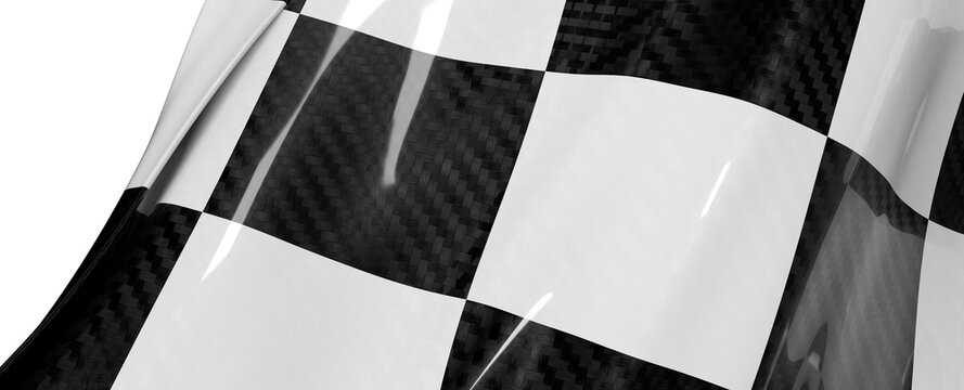 Close up shot of a black and white checkered racing flag waving. Textured surface of the material is featured, with ligh