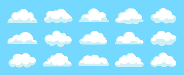 Collection of various white cartoon clouds on blue sky background