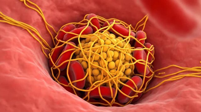 Microscopic view of blood clot formation with platelets and red blood cells