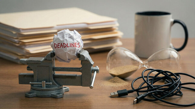 Deadline pressure and time management concept with desk vise and hourglass