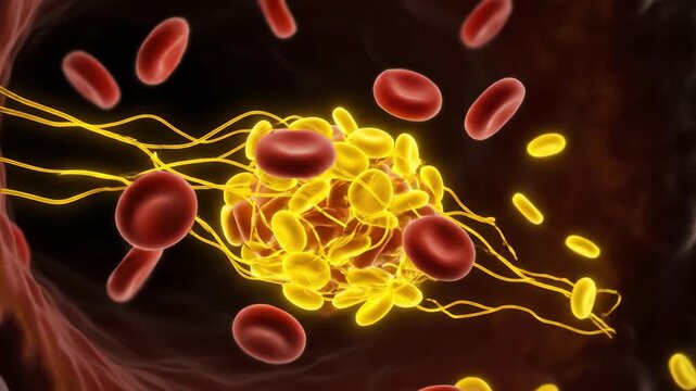 Microscopic view of platelet aggregation and fibrin network at injury site