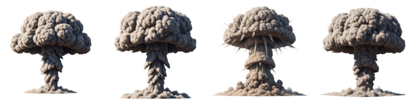Set of massive smoke mushroom clouds isolated on white background for cinematic explosion effects