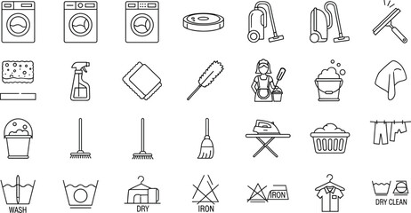 Fototapeta premium Laundry and Cleaning Line Art Icon Set with Washing Machines Vacuum Iron and Household Care Symbols