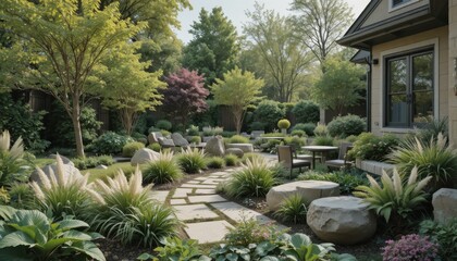 Fototapeta premium Garden Landscape Featuring Pathways, Seating Areas, and Various Plants in Bright Daylight