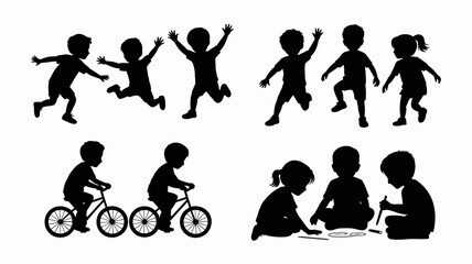 Obraz premium a collection of black silhouette figures depicting children engaged in various playful activities such as jumping cycling and building high quality professional detailed modern elegant stylish
