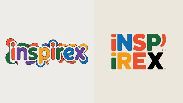 a side by side comparison of the inspirex logo displaying its colorful flowing design alongside a bolder stacked version with vibrant hues high quality professional detailed