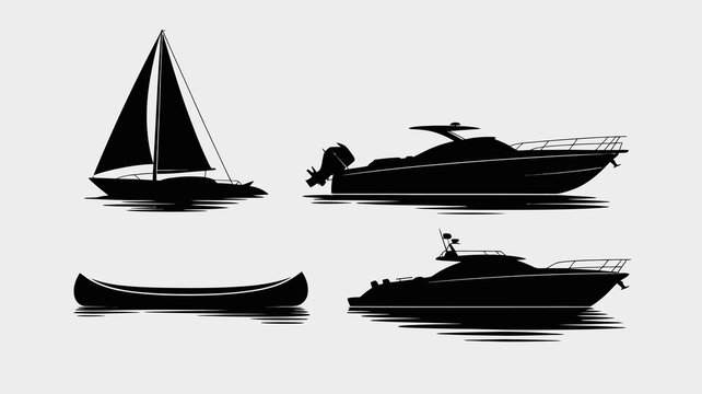 a minimalistic depiction showcasing silhouettes of various watercraft including a sailboat motorboat canoe and yacht on calm waters high quality professional detailed modern elegant stylish clean