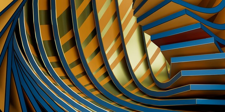 geometric 3d composition with blue yellow and golden interior stries and golden edge 