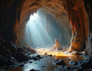 Fototapeta premium Sunlight streams into large cavern with stalactites, muddy river flowing through. Rocky formations create mysterious, awe inspiring natural wonder. This underground passage leads deeper into earth.