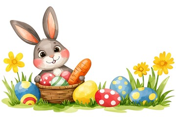 Cute Cartoon Bunny Holding Easter Eggs and Carrot Surrounded by Flowers and Grass