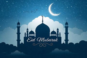 A beautiful silhouette of a mosque under a starry night sky with a crescent moon, celebrating eid mubarak with elegant calligraphy.