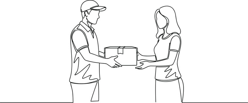 Delivery Service Concept Line Art Illustration with Courier Handing Package to Customer Doorstep Interaction