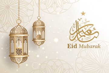 Festive eid mubarak greeting with two hanging golden lanterns and subtle traditional islamic patterns.
