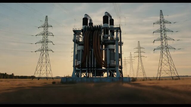 Electrical substation with power transmission towers in a field at sunset