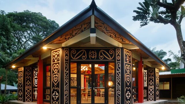 A stunning traditional meeting house adorned with intricate Maori-style carvings glows under evening lights in a lush tropical setting.
