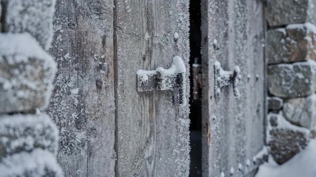 Snowcovered timber gatehouse door partially open sharp focus on frost details on wood with blurred snowdusted gatehouse walls in the background.