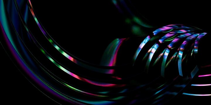 3D Render of Abstract Curved Architectural glass panels with Vibrant Iridescent Luminous Outlines
