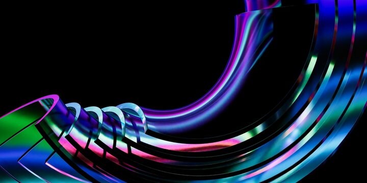 A vibrant abstract background featuring a Iridescent prominent curved glass shape in various colors