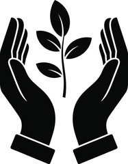 Obraz premium A minimalist black and white icon illustration featuring cupped hands gently holding a delicate sprouting plant, symbolizing care, growth, nature preservation, and environmental stewardship