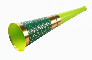 Obraz premium Party noisemaker blower, green with gold pattern, isolated on white. Horn for celebration, concert, birthday, event, noise, fun, party supplies, festive, New Year.