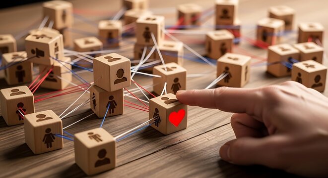 Hand Pointing At Networked Wooden Blocks With Human Icons