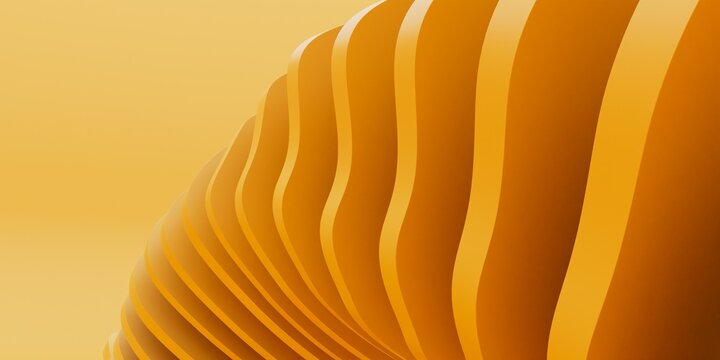3D Render of Abstract Yellow Accordion Ribbed Structure with Smooth Curving Fin Layers