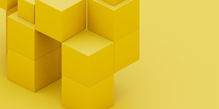 3D Illustration of Minimalist Voxel Art featuring Bright Yellow Geometric Cubes over Solid Yellow Backdrop