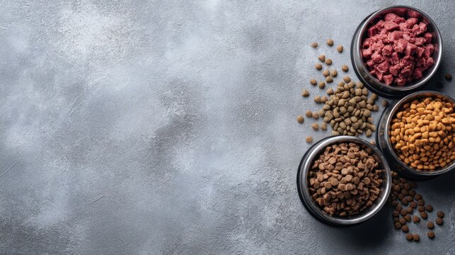 Assorted dry pet food kibbles in bowls on gray surface.
