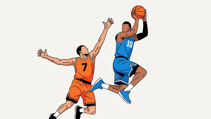 Basketball action players dribbling and jumping for a slam dunk illustration © Deb