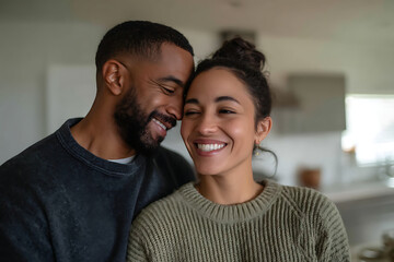 Fototapeta premium Happy diverse couple laughing together, man embracing woman from behind, natural light, cozy home interior