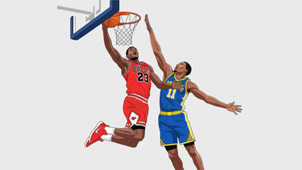 Basketball action players in motion with ball and hoop vector illustration © Deb