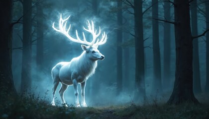 Fototapeta premium Mystical white stag with glowing antlers stands in dark misty forest. Magical creature emerges from fog on path. Ethereal animal in woods at night.