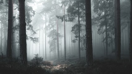 Fototapeta premium Misty Forest with Tall Pine Trees