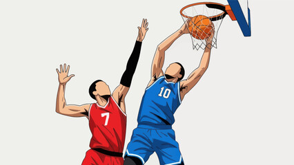 Basketball action players jumping for slam dunk with net in isolated vector © Deb
