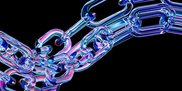 
 
3D Render of Interlocking Holographic Glass Chain Links with Vibrant Iridescent Refractions