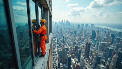 Naklejka premium Worker in orange uniform cleans tall building windows high above city skyline. Man on safety harness performs high-risk maintenance task. Urban skyscraper exterior care.